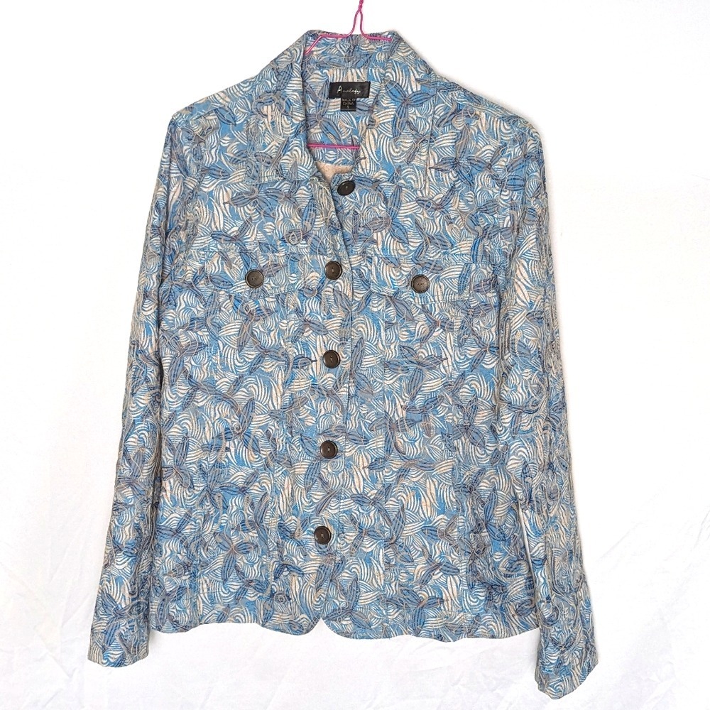 Analogii Embroidered Button Jacket Women's Small Blue Beige Boho Artisan Global